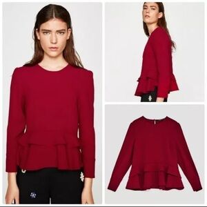 Zara Red Peplum Long Sleeve Blouse Size Medium